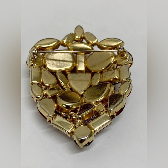 Mid Century Vintage Gold Tone Ruby Red Rhinestone Art Deco Pinback Brooch - Picture 14 of 16